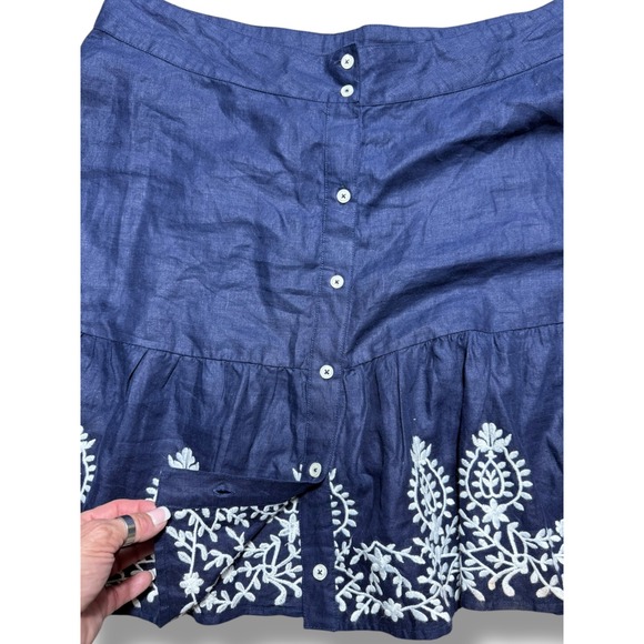 Saks Fifth Avenue Navy Linen Skirt Embroidered Button Front Flared Hem Sz XL - Picture 8 of 11